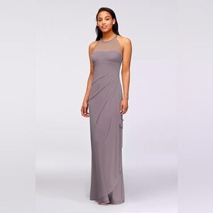 Sleeveless Long Mesh Dress with Illusion Neckline